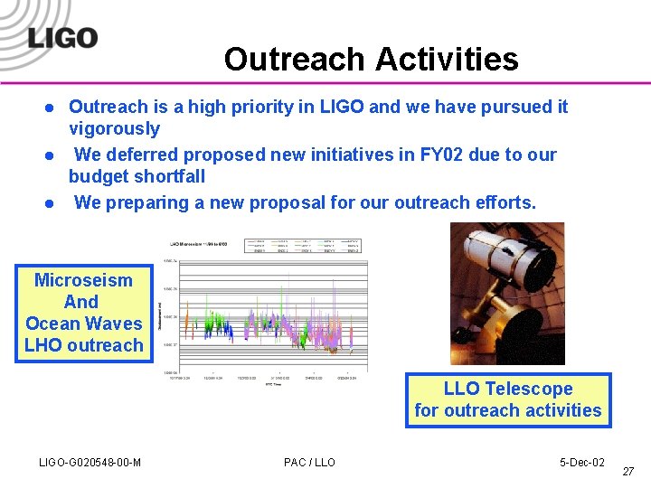 Outreach Activities l l l Outreach is a high priority in LIGO and we