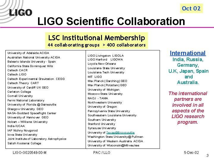 Oct 02 LIGO Scientific Collaboration LSC Institutional Membership 44 collaborating groups > 400 collaborators