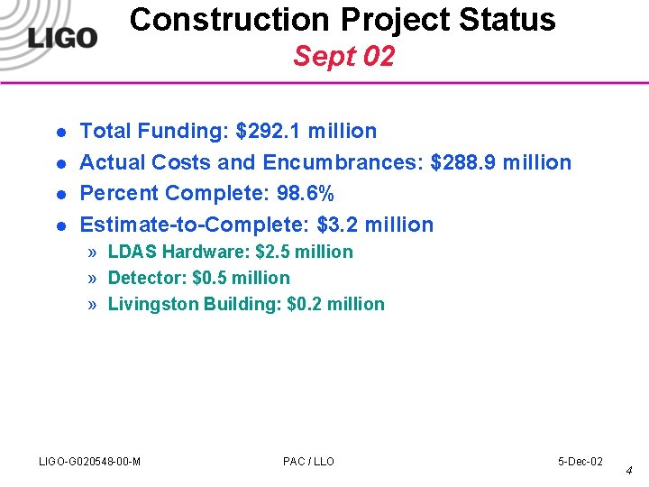 Construction Project Status Sept 02 l l Total Funding: $292. 1 million Actual Costs