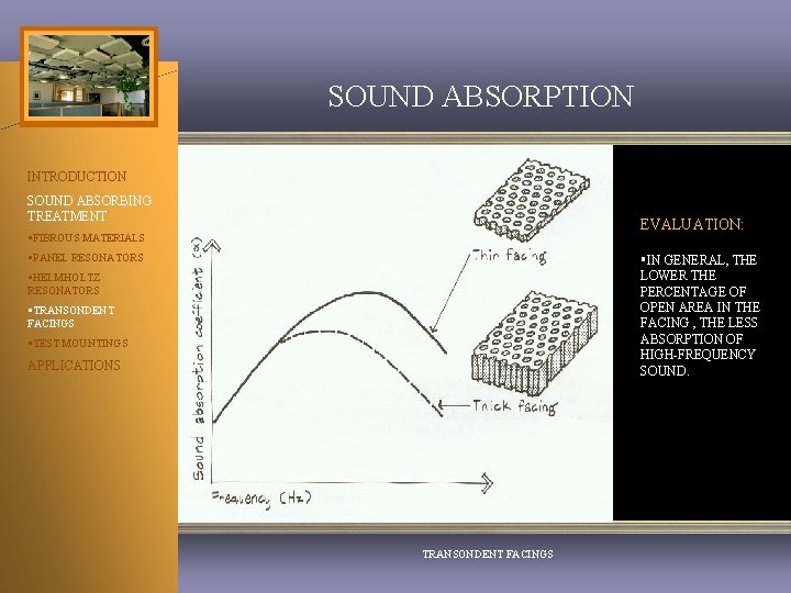 SOUND ABSORPTION INTRODUCTION SOUND ABSORBING TREATMENT EVALUATION: §FIBROUS MATERIALS §PANEL RESONATORS §IN GENERAL, THE