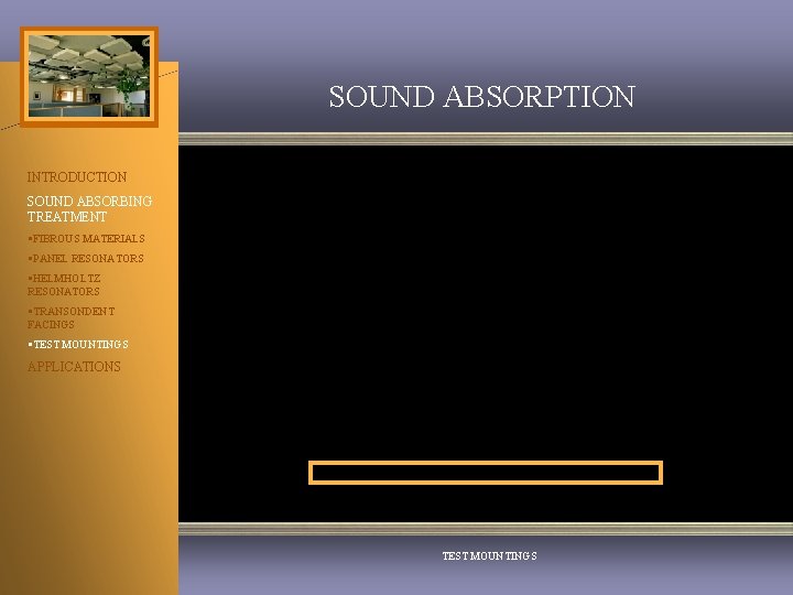SOUND ABSORPTION INTRODUCTION SOUND ABSORBING TREATMENT §FIBROUS MATERIALS §PANEL RESONATORS §HELMHOLTZ RESONATORS §TRANSONDENT FACINGS