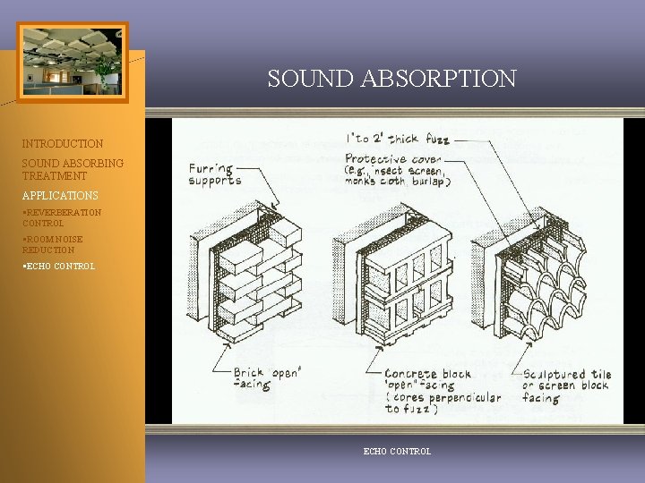 SOUND ABSORPTION INTRODUCTION SOUND ABSORBING TREATMENT APPLICATIONS §REVERBERATION CONTROL §ROOM NOISE REDUCTION §ECHO CONTROL