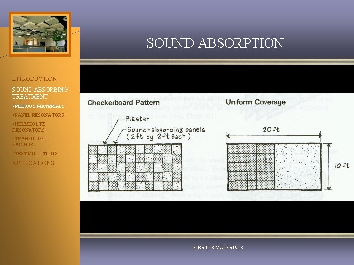 SOUND ABSORPTION INTRODUCTION SOUND ABSORBING TREATMENT §FIBROUS MATERIALS §PANEL RESONATORS §HELMHOLTZ RESONATORS §TRANSONDENT FACINGS