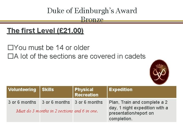 Duke of Edinburgh’s Award Bronze The first Level (£ 21. 00) �You must be