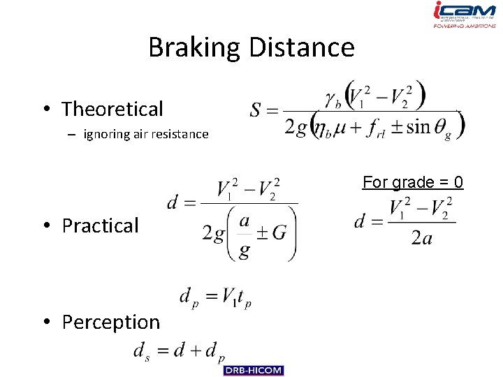 Braking Distance • Theoretical – ignoring air resistance For grade = 0 • Practical