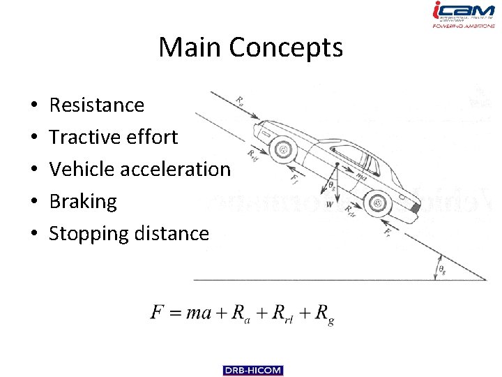 Main Concepts • • • Resistance Tractive effort Vehicle acceleration Braking Stopping distance 