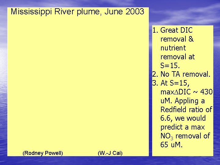 Mississippi River plume, June 2003 1. Great DIC removal & nutrient removal at S=15.