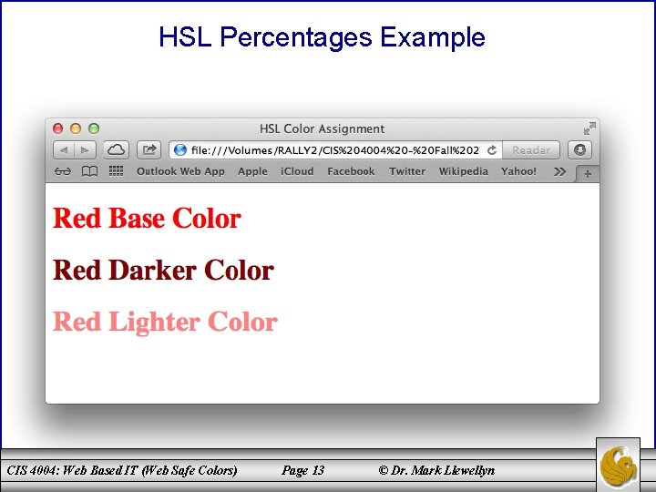 HSL Percentages Example CIS 4004: Web Based IT (Web Safe Colors) Page 13 ©