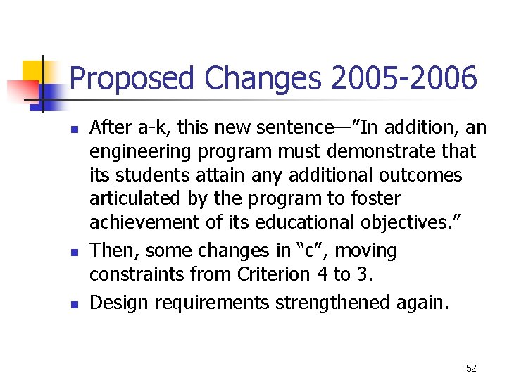 Proposed Changes 2005 -2006 n n n After a-k, this new sentence—”In addition, an