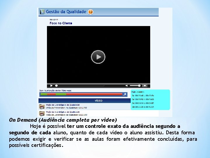 On Demand (Audiência completa por video) Hoje é possível ter um controle exato da