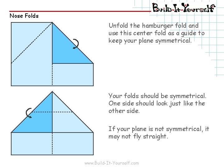 Nose Folds Unfold the hamburger fold and use this center fold as a guide