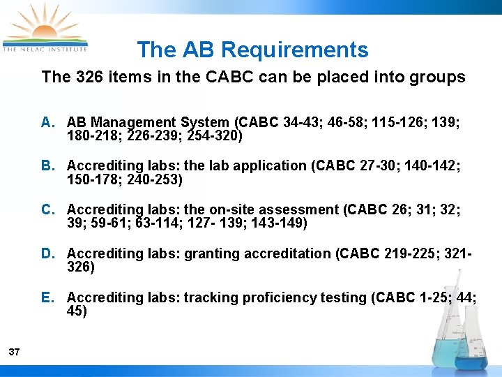 The AB Requirements The 326 items in the CABC can be placed into groups