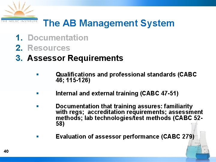 The AB Management System 1. Documentation 2. Resources 3. Assessor Requirements 40 § Qualifications