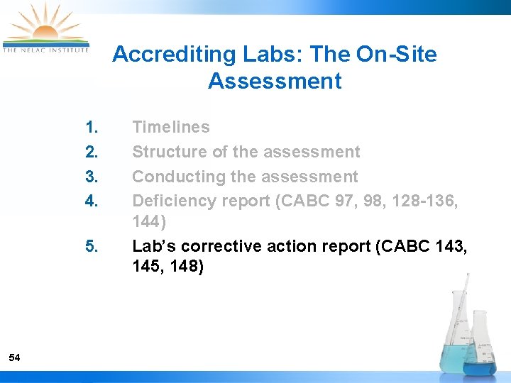 Accrediting Labs: The On-Site Assessment 1. 2. 3. 4. 5. 54 Timelines Structure of