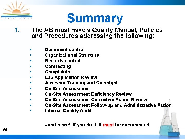 Summary 1. The AB must have a Quality Manual, Policies and Procedures addressing the