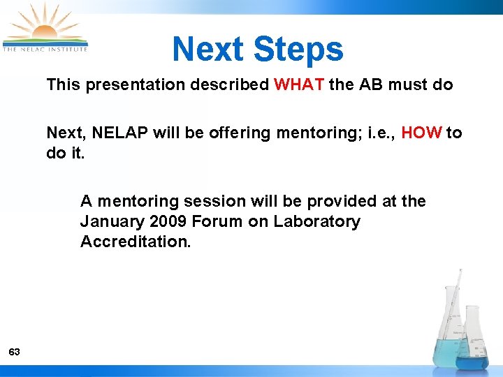 Next Steps This presentation described WHAT the AB must do Next, NELAP will be