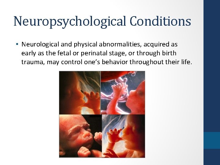 Neuropsychological Conditions • Neurological and physical abnormalities, acquired as early as the fetal or