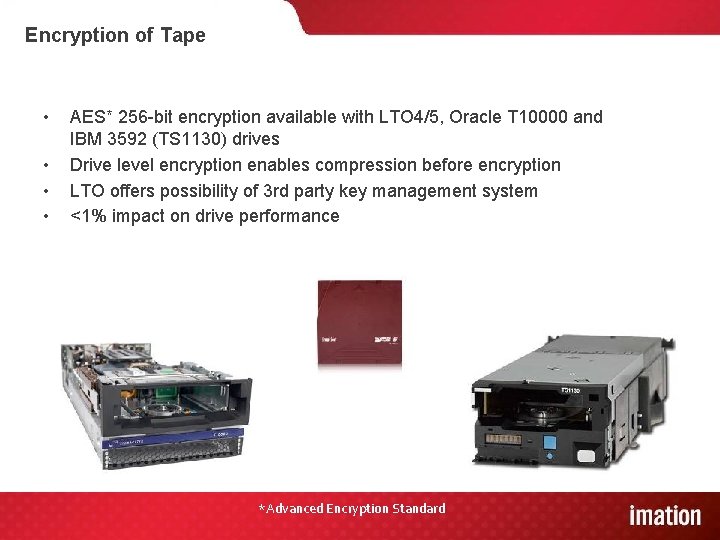 Encryption of Tape • • AES* 256 -bit encryption available with LTO 4/5, Oracle