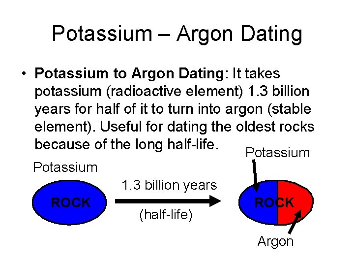 Potassium – Argon Dating • Potassium to Argon Dating: It takes potassium (radioactive element)