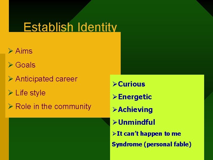 Establish Identity Ø Aims Ø Goals Ø Anticipated career Ø Life style Ø Role