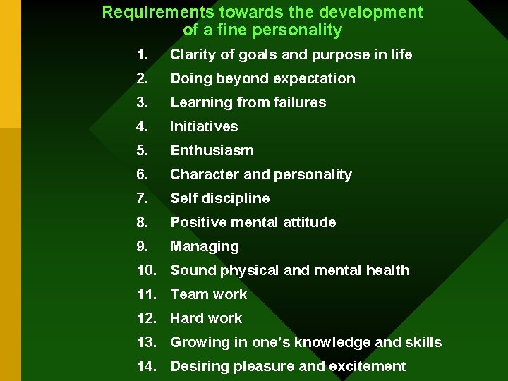 Requirements towards the development of a fine personality 1. Clarity of goals and purpose