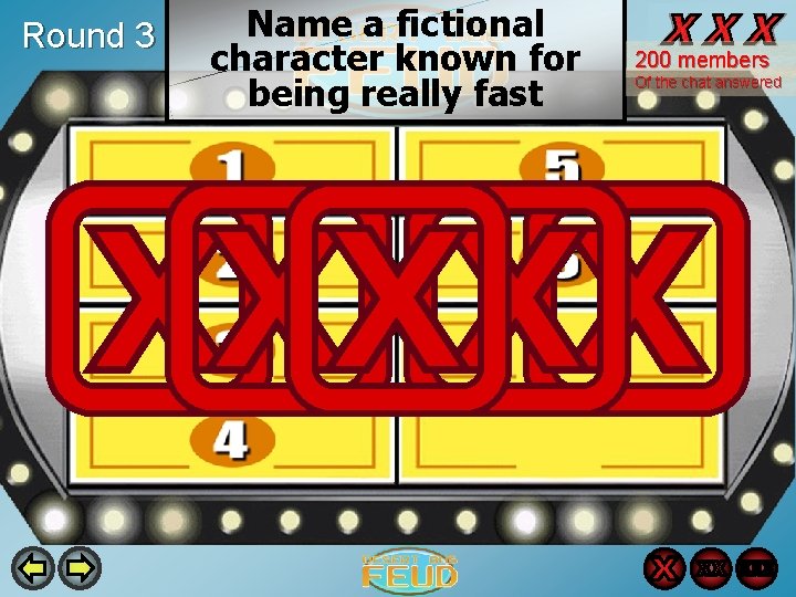 Round 3 Name a fictional character known for being really fast 200 members Of