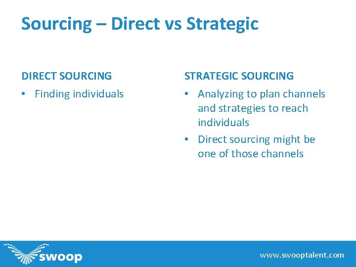 Sourcing – Direct vs Strategic DIRECT SOURCING STRATEGIC SOURCING • Finding individuals • Analyzing