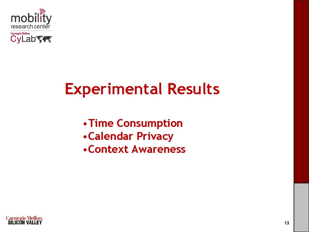 Experimental Results • Time Consumption • Calendar Privacy • Context Awareness C a r