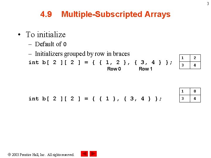 3 4. 9 Multiple-Subscripted Arrays • To initialize – Default of 0 – Initializers