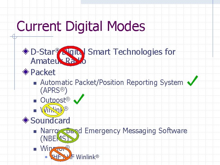 Current Digital Modes D-Star® Digital Smart Technologies for Amateur Radio Packet n n n