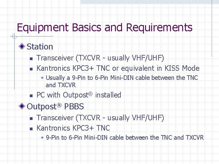 Equipment Basics and Requirements Station n n Transceiver (TXCVR - usually VHF/UHF) Kantronics KPC