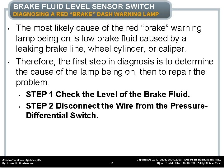 BRAKE FLUID LEVEL SENSOR SWITCH DIAGNOSING A RED “BRAKE” DASH WARNING LAMP • •