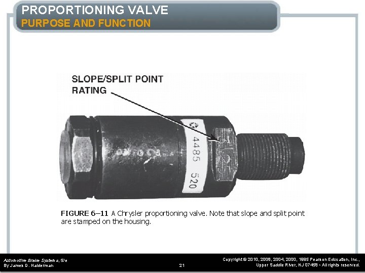 PROPORTIONING VALVE PURPOSE AND FUNCTION FIGURE 6– 11 A Chrysler proportioning valve. Note that