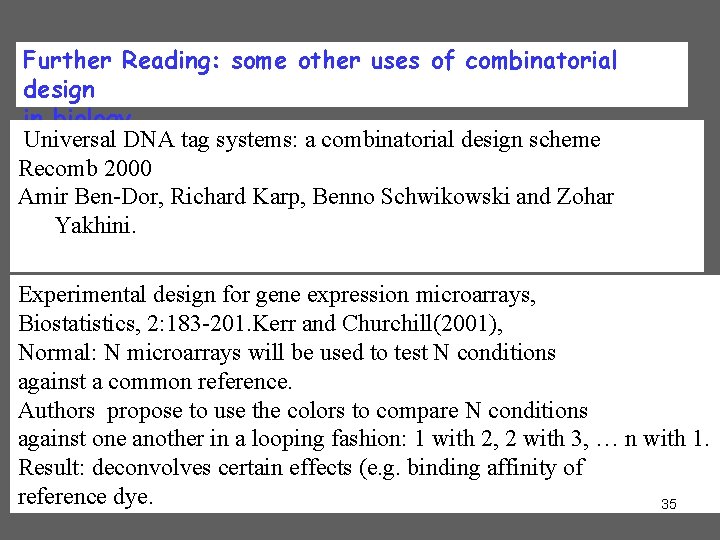 Further Reading: some other uses of combinatorial design in biology Universal DNA tag systems: