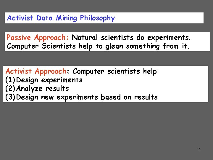 Activist Data Mining Philosophy Passive Approach: Natural scientists do experiments. Computer Scientists help to