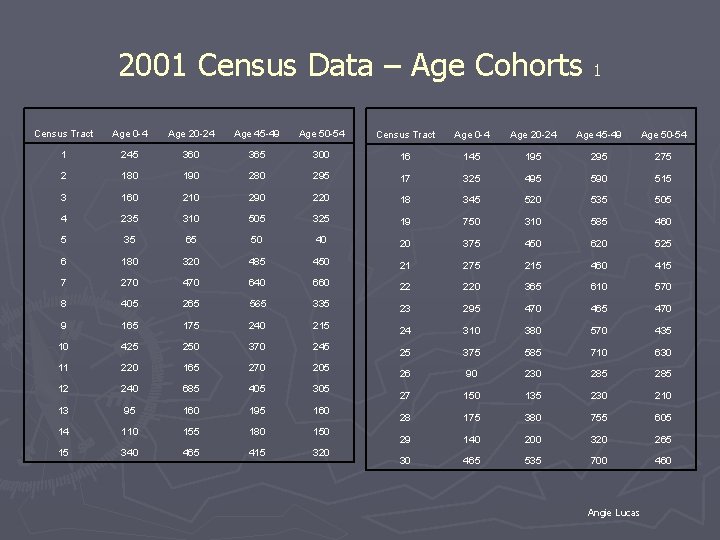2001 Census Data – Age Cohorts 1 Census Tract Age 0 -4 Age 20