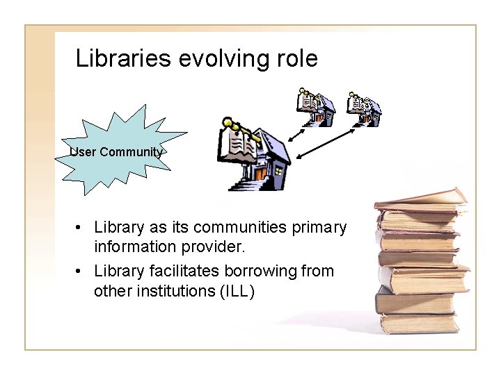 Libraries evolving role User Community • Library as its communities primary information provider. •