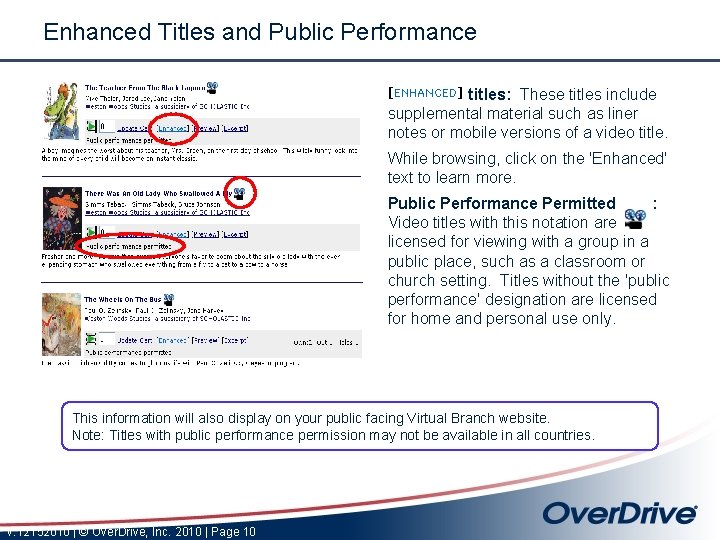 Enhanced Titles and Public Performance titles: These titles include supplemental material such as liner