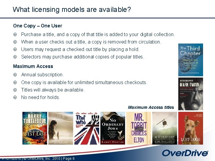 What licensing models are available? One Copy – One User Purchase a title, and