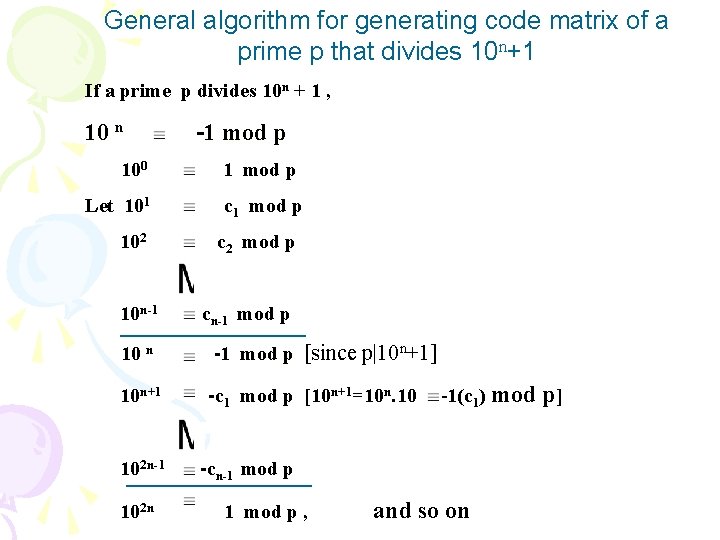 General algorithm for generating code matrix of a prime p that divides 10 n+1