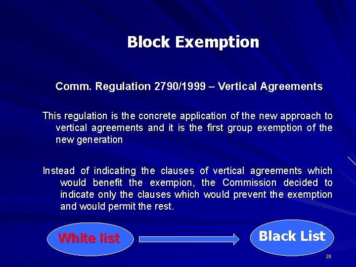 Block Exemption Comm. Regulation 2790/1999 – Vertical Agreements This regulation is the concrete application