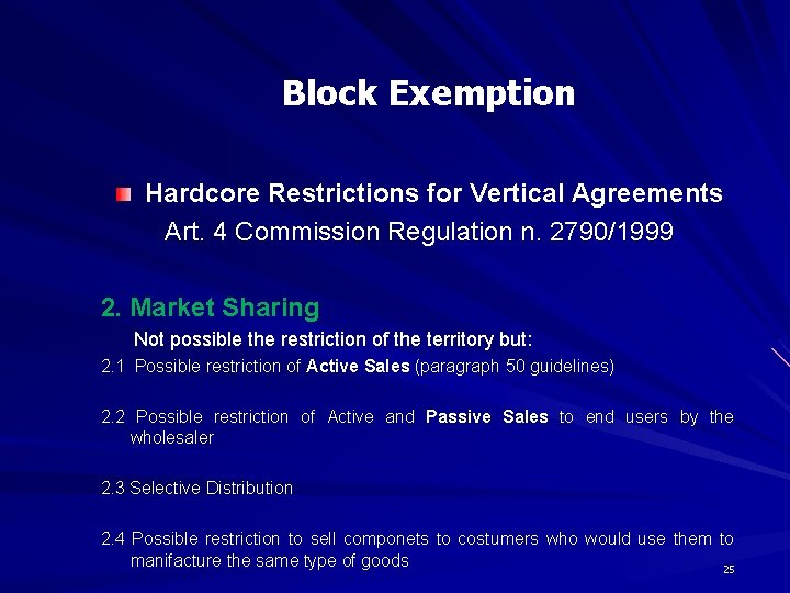 Block Exemption Hardcore Restrictions for Vertical Agreements Art. 4 Commission Regulation n. 2790/1999 2.