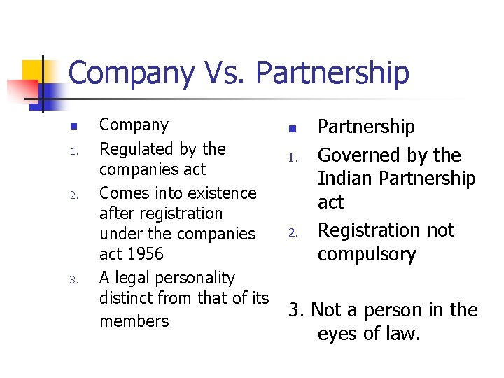 Company Vs. Partnership n 1. 2. 3. Company Regulated by the companies act Comes