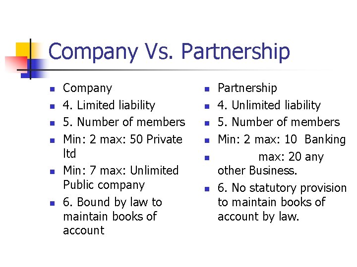 Company Vs. Partnership n n n Company 4. Limited liability 5. Number of members