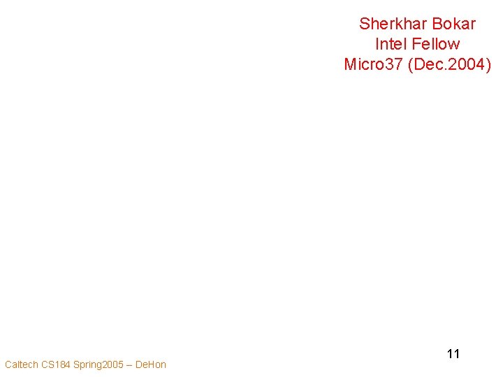 Sherkhar Bokar Intel Fellow Micro 37 (Dec. 2004) Caltech CS 184 Spring 2005 --