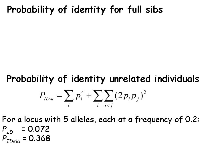 Probability of identity for full sibs Probability of identity unrelated individuals For a locus