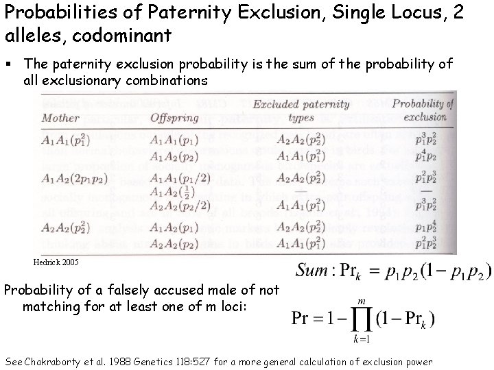 Probabilities of Paternity Exclusion, Single Locus, 2 alleles, codominant § The paternity exclusion probability