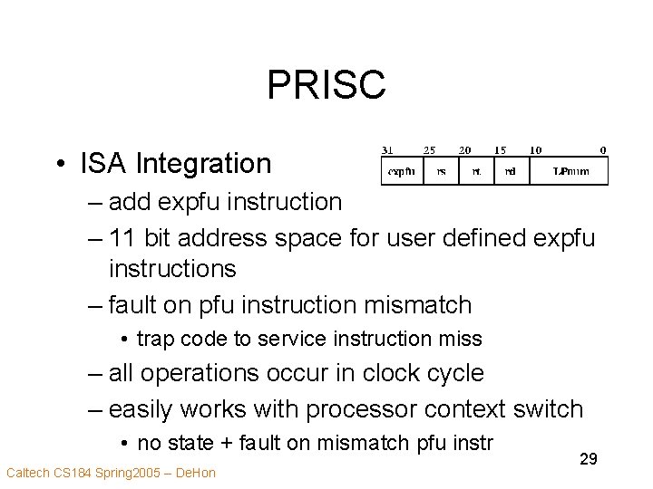 PRISC • ISA Integration – add expfu instruction – 11 bit address space for