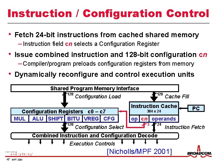 Instruction / Configuration Control • Fetch 24 -bit instructions from cached shared memory –