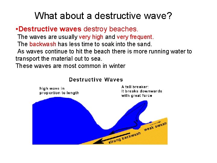 What about a destructive wave? • Destructive waves destroy beaches. The waves are usually